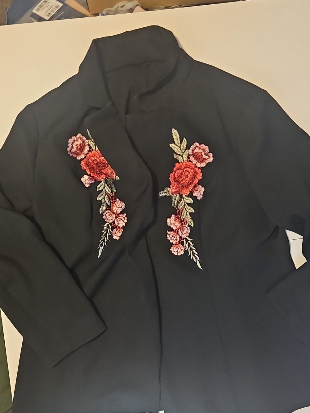 SHEIN Black Blazer with Red & Pink Floral Embroidery